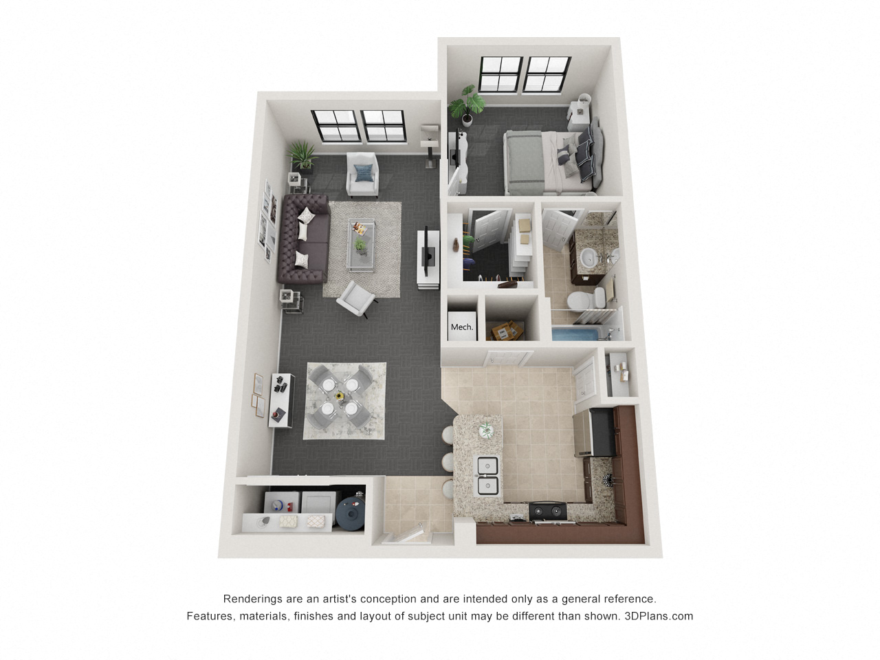 Floor plan for 1 bed, 1 bath, 874 sqft